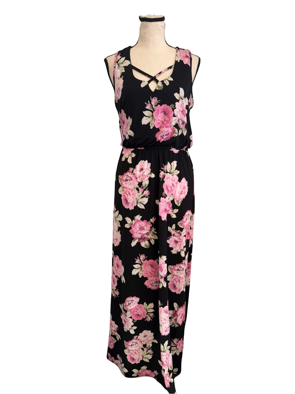 Trixxi Black Maxi Dress with Pink Floral Print